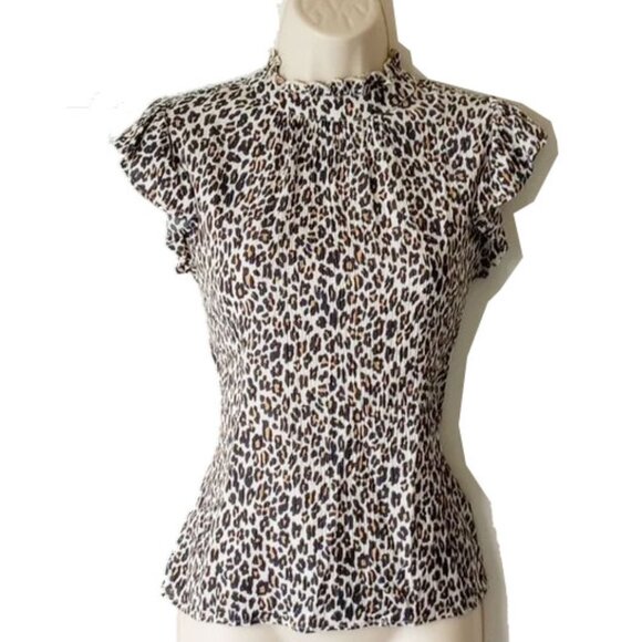 THML Tops - THML High Neck Ruffled Cap Sleeve Top S Leopard Crinkled Gauze 50off3